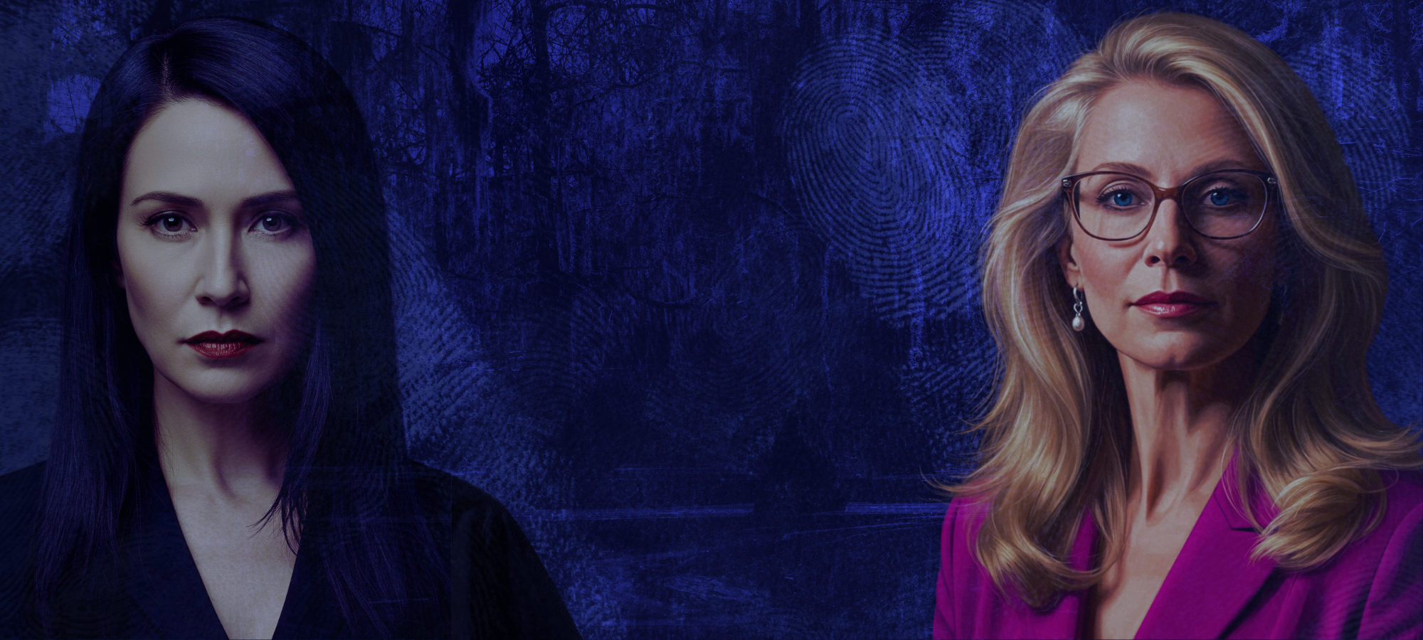 Two women, one with dark hair and the other with blonde hair, against a blue textured background.