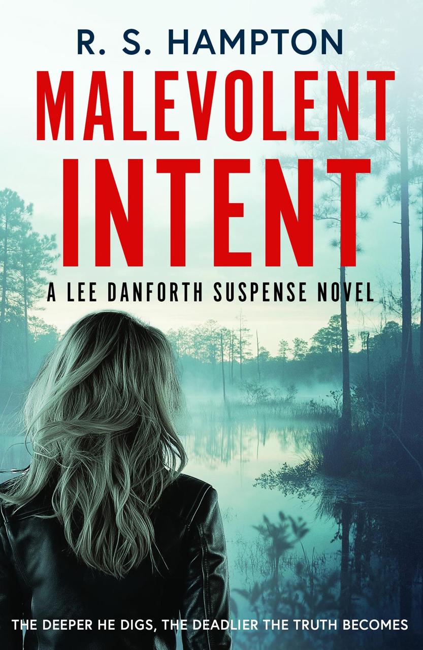 Book cover of 'Malevolent Intent' by R.S. Hampton featuring a woman with back to camera in a forest.