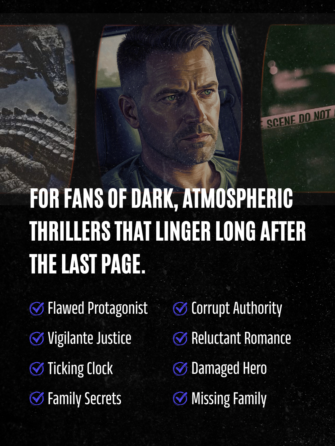 Promotional text for dark, atmospheric thrillers with a man in a car.