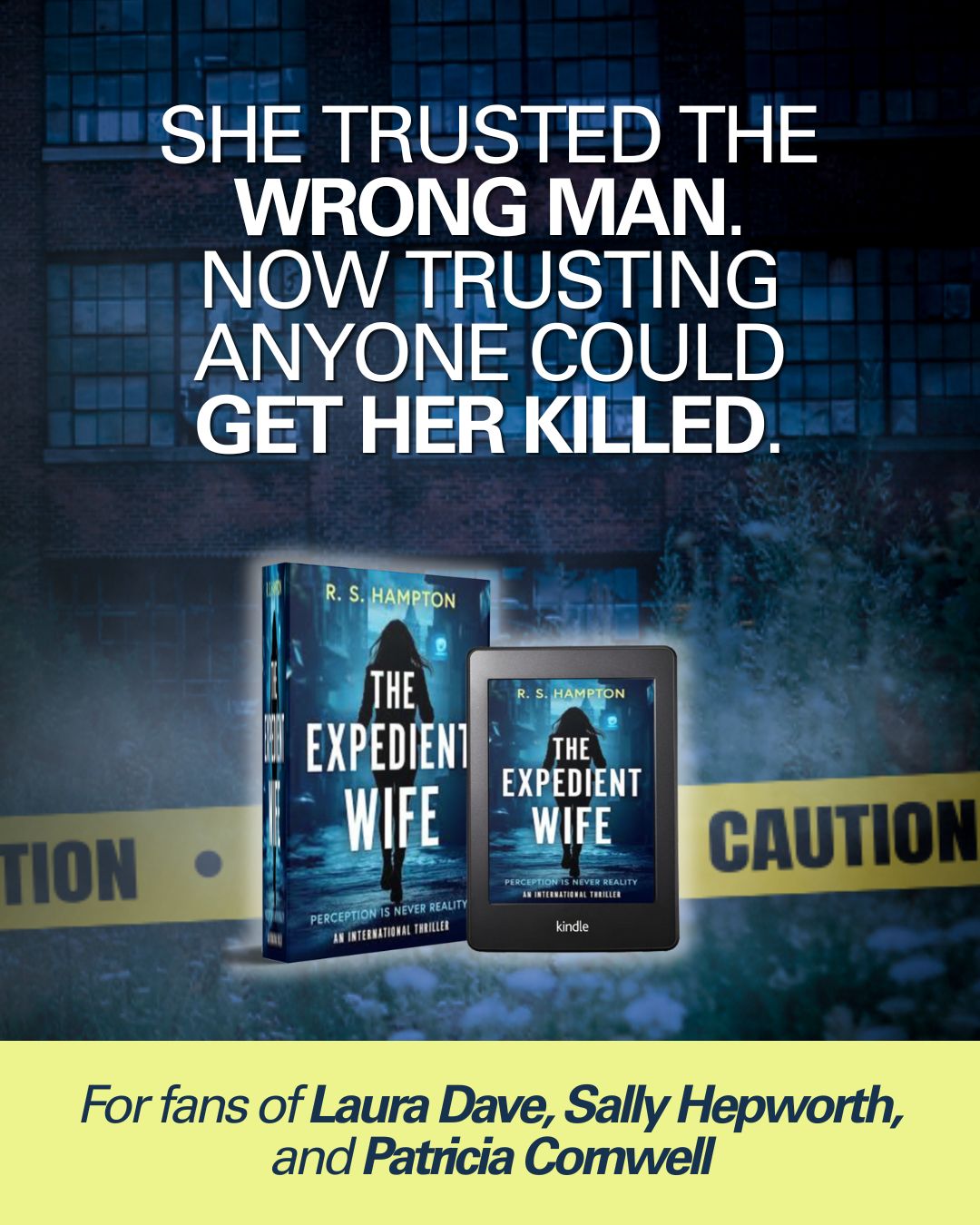 Promotional image for 'The Expedient Wife' with book and e-book versions and a crime scene background.