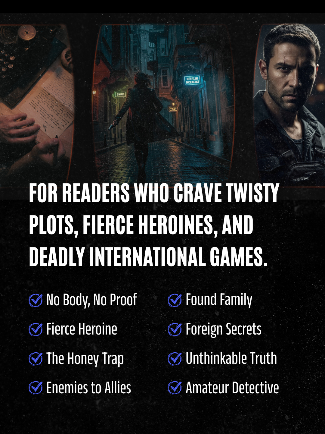 Promotional text for a thriller book series with a dark, moody background.